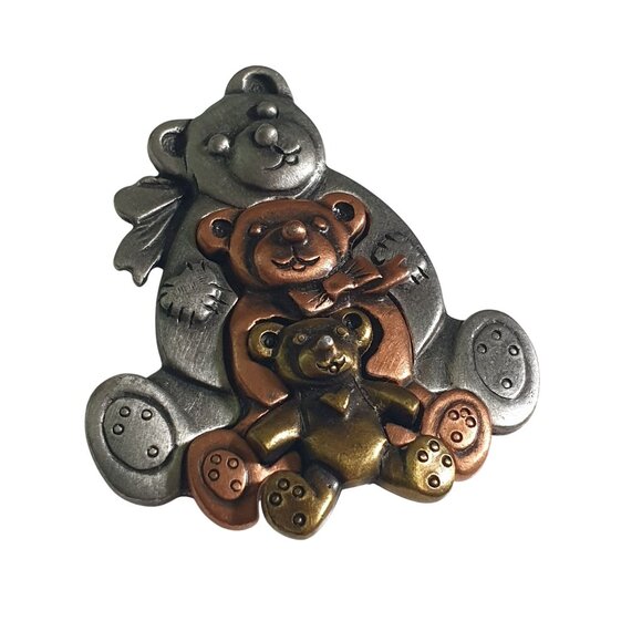 Teddy Bear Trio Brooch Pin By L Razza Heart Cutouts Puter Cute Vintage Gift Nana - Picture 1 of 5